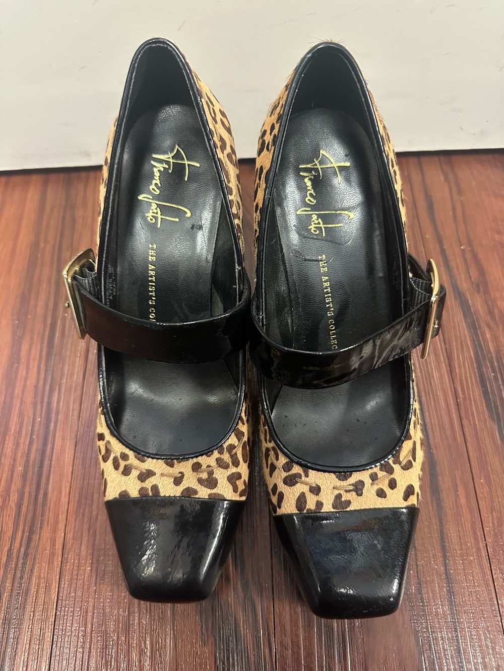 Franco Sarto Leopard-Print Mary Jane Pumps with Black Patent Toe & Strap